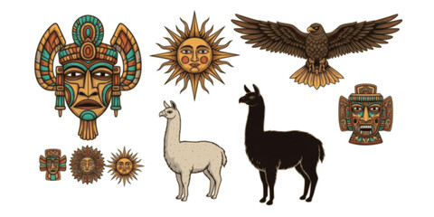 Obraz premium Traditional Peruvian Elements Vector Set: Inca Mask, Sun, Llama, Eagle, Machu Picchu, Alpaca, and Ancient Symbols. Retro South American Culture Illustration.