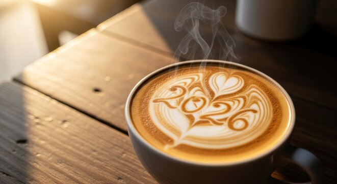 Steaming latte art 2026 in a white cup on rustic wooden surface illuminated by sunlight capturing the cozy cafe atmosphere