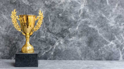 Golden trophy standing on dark marble surface. Classic award cup symbolizing achievement, excellence and first-place success in sports or competitions