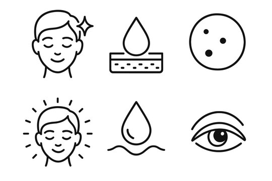 Cryo Skin Recovery Icons. Line style icons of skin recovery after cryo: calm face with sparkle, dewy glow icon, redness reduced