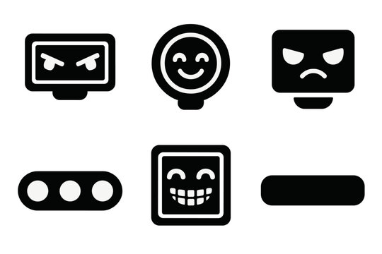 Robot Emotion Icons. Solid style icons of robot expression panels: emotive LED eyes, reaction display badge, animated faceplate