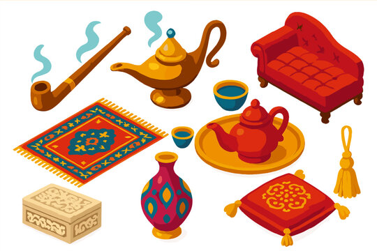 Classic Literature Icons. Isometric vector illustration set Classic literature &ndash; opium pipe, smoky lamp, velvet settee; oriental