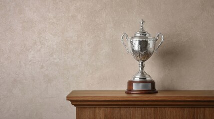 Classic silver trophy with ornate handles placed on wooden cabinet. Vintage award symbolizing excellence, victory and long-term competitive achievement