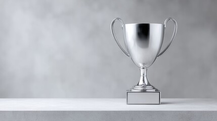 Shiny silver trophy on textured surface with soft lighting. Clean composition emphasizing sports victory, achievement and competitive excellence