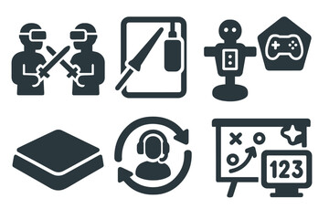 Training Icons Collection. Solid style icons of training sessions and simulations: virtual duel icon, sandbag lance panel,