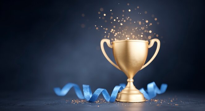 Golden trophy shining with sparkles on a dark background beside blue ribbon