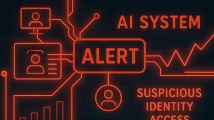 An illustrated alert for AI systems detecting suspicious identity access with digital graphics and icons. - Powered by Adobe