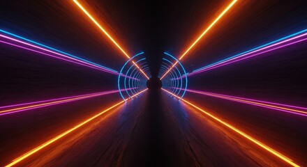 Fluorescent light beams illuminate a dark, receding passage into the distance