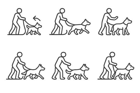 Sled Dog Commands Icons. Line style icons of popular sled dog commands illustrated: "Gee" turning right, "Haw" turning left, "Hike