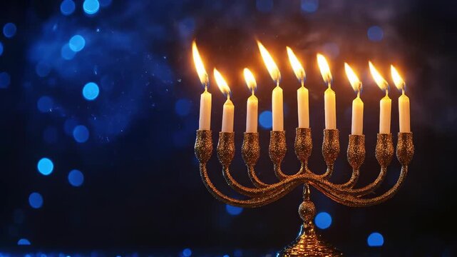 Golden Hanukkah menorah brightly illuminated with nine burning candles, radiating a sacred glow. Jewish festival of lights tradition, capturing hope and peace against dark blue bokeh background.