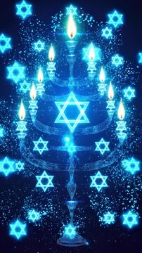 Luminous Hanukkah candelabrum radiates warmth, surrounded by numerous glowing Star of David motifs, creating a serene, spiritual Jewish festival of light celebration.