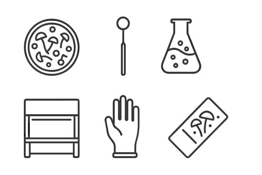 Mycology Research Tools. Line style icons of mycology research tools: petri dish with spores, inoculation loop, culture flask,