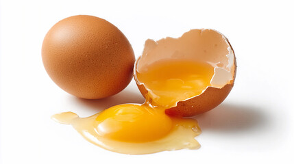 Brown egg with broken shell and fresh yolk on white background