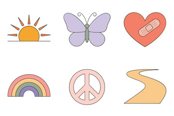 Wellness mindfulness icons, sunrise symbol, butterfly hope, healing heart, rainbow arch, peace sign, curved road, positive lifestyle vector