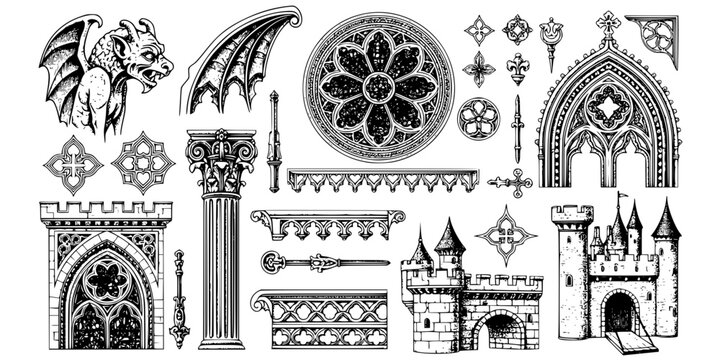 Intricate Gothic Architectural Elements Vector Set: Gargoyle, Rose Window, Arch, Column, Ornament, and Medieval Castle Details. Vintage Engraving Style Design