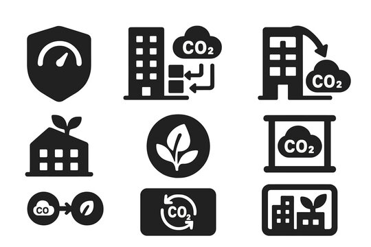 Carbon-Negative Architecture Icons. Solid style icons of carbon-negative buildings: carbon meter badge, CO2 capture wall,
