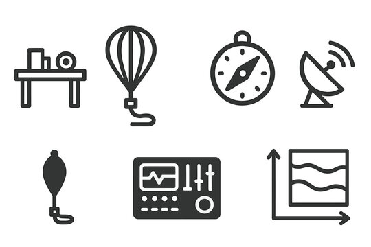 High-Altitude Balloon Icons. Line style icons of High-Altitude Ballooning: flight preparation table, tethered balloon, navigation