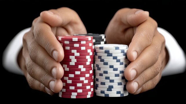 Hands holding stacked poker chips in a game setting at night