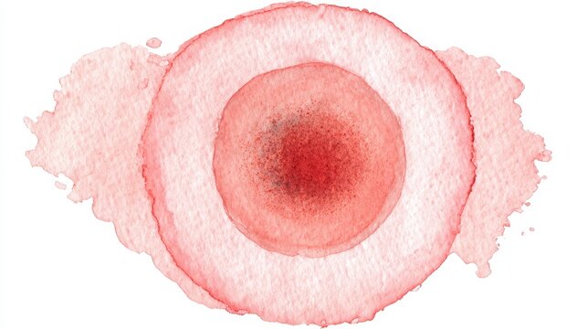 Vivid red watercolor paint spreading on white paper, forming an artistic abstract texture with concentric circular stains and a splattered blot in the center