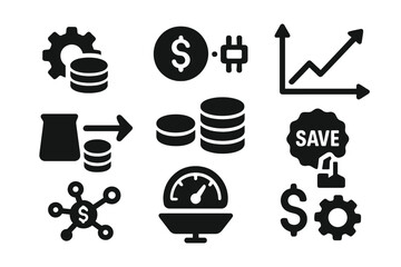 Micro-Manufacturing Efficiency Icons. Solid style icons of cost efficiency in micro-manufacturing: coin stack with gear, value per