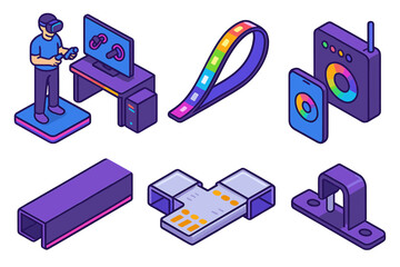VR Gaming Setup. Isometric vector illustration set VR gaming setup – LED backlighting, RGB strips, diffuser channel; lighting