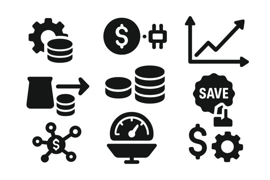 Micro-Manufacturing Efficiency Icons. Solid style icons of cost efficiency in micro-manufacturing: coin stack with gear, value per