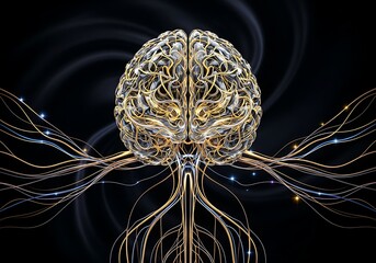 Futuristic Glowing Brain with Golden Neural Network Connections on Dark Background in High-Tech Abstract Design
