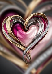 Luxury Metallic Heart with Gold Silver and Pink Crystal Elements in Elegant 3D Jewelry Style
