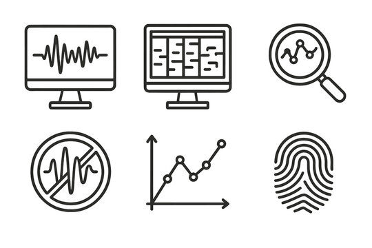 Bioacoustics Data Analysis Icons. Line style icons of data analysis in bioacoustics: audio waveform screen, spectrogram matrix,