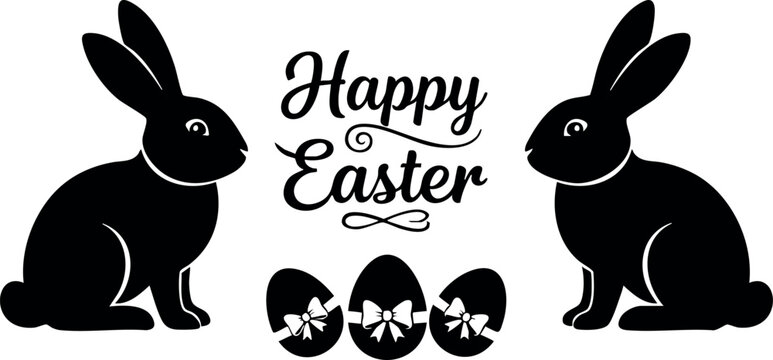 Easter bunnies with eggs black silhouette holiday spring celebration vector illustration