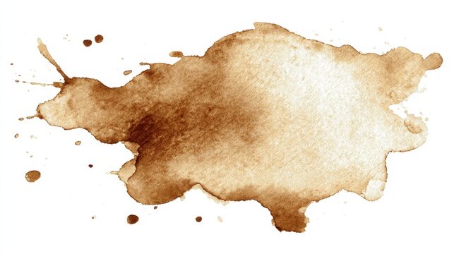Abstract watercolor coffee stain creating a textured brown splash design, messy liquid drink spill, aged paper effect, painting background or accidental splatter element