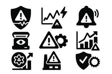 Risk Management Icons. Solid style icons of risk detection and mitigation: alert shield with AI pulse, disruption forecast graph,