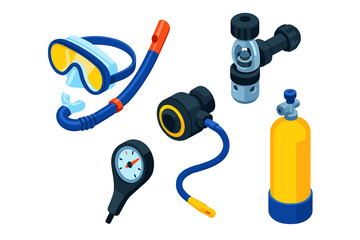 Diving Gear Icons. Isometric vector illustration set Underwater diving gear &ndash; dive mask, snorkel tube, clear skirt; second-stage