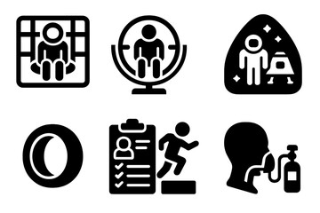Space Training Icons. Solid style icons of training for space diving: simulator glyph, G-force trainer icon, module badge. Suit-up
