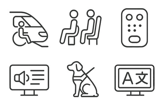 Maglev Accessibility Icons. Line style icons of maglev accessibility: wheelchair boarding ramp, priority seating zone, braille
