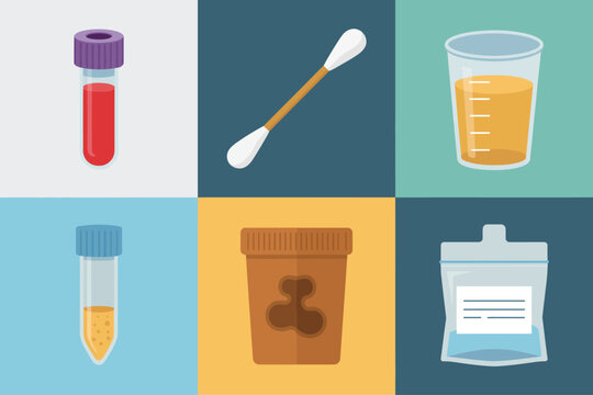 Specimen collection containers, blood tube vial, cotton swab stick, urine cup, stool sample jar, biohazard bag vector