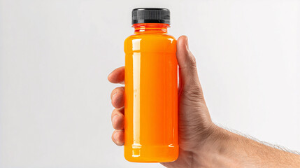 Bright orange sports drink in a hand against a light background