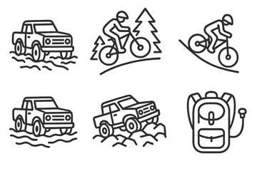 Obraz premium Off-Road Adventure Icons. Line style icons of off-road adventures: muddy trail, forest bike jump, downhill slope, water crossing,