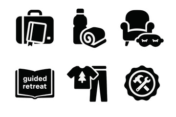 Retreat Essentials Icons. Solid style icons of retreat essentials: travel bag with journal, water bottle + blanket icon,