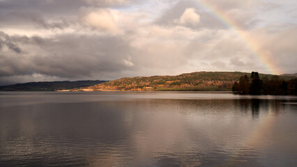  Stunning Autumn Landscape with Rainbow over Randsfjorden in Jevnaker, Hadeland, Norway - Dramatic Light, Clouds, Autumn Colors, Fjord, Scenic View, Nature, Weather Phenomenon, Sunset, Norway,
