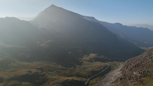 Autumn colours over Llyn Cwmffynnon and Miner&rsquo;s Track - Start Point, road A4086 from a drone, Pen-y-Pass, Snowdonia, Wales, UK