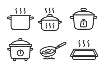 Cooking Method Icons. Line style icons of cooking methods: boiling pot, steaming lid, pressure cooker icon, slow cooker dial, pan