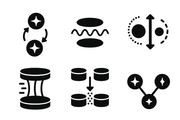 Quantum Teleportation Icons. Solid style icons of quantum teleportation: entangled particles, teleportation wave icon, quantum