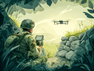 Soldier with tablet guides recon drone above green ridge. Warrior controls drone.