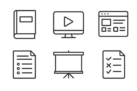 OER Content Icons. Line style icons of OER content types: textbook PDF icon, video tutorial screen, open course module, lesson