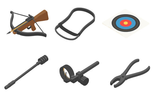 Archery Equipment Isometric. Isometric vector illustration set Archery gear: crossbow with loaded bolt, bow stringer tool, target