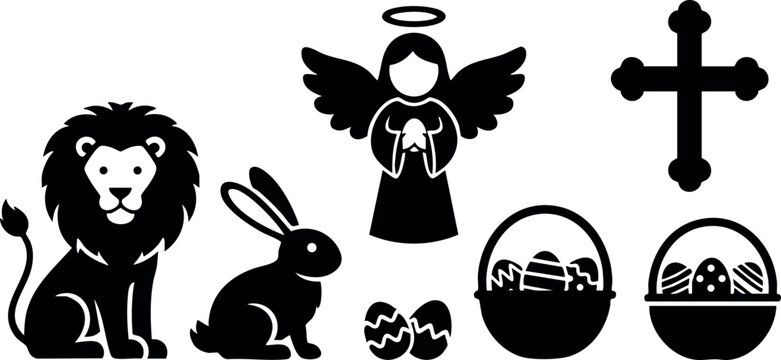 Religious easter symbols cross angel lion rabbit eggs basket black silhouette vector illustration