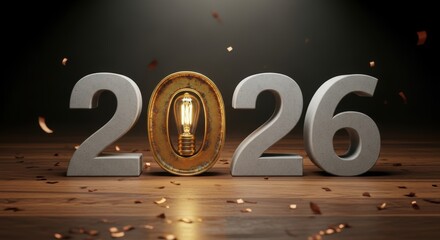 Creative 2026 New Year composition with light bulb and concrete numbers on wood floor and confetti