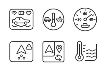 Amphibious Car Icons. Line style icons of amphibious car user interface: vehicle status panel, land/water mode selector, dual-mode