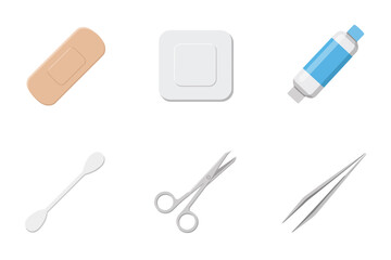 First aid tools icons, adhesive bandage, sterile gauze pad, antiseptic bottle, cotton swab, medical scissors, tweezers clip